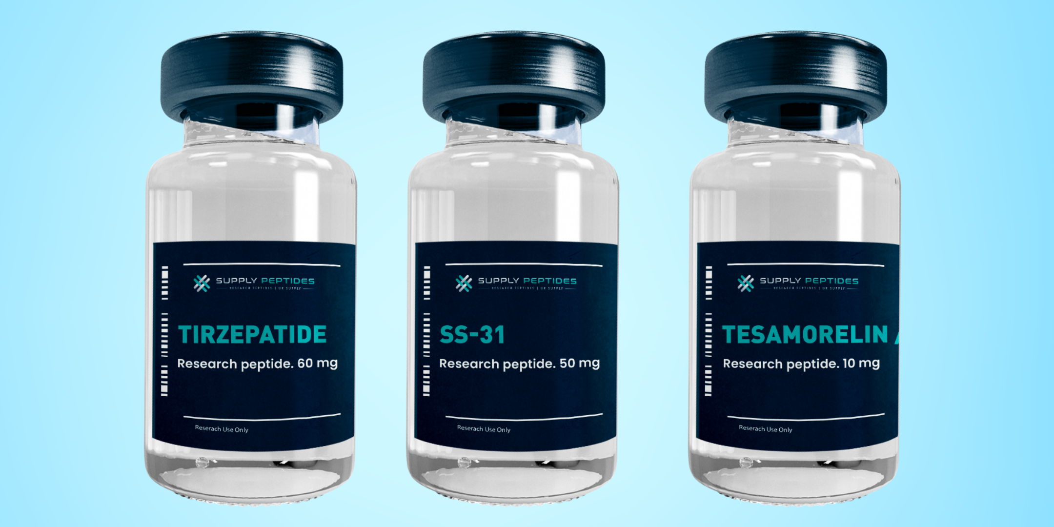 Tirzepatide, SS-31 and Tesamorelin research peptide vials