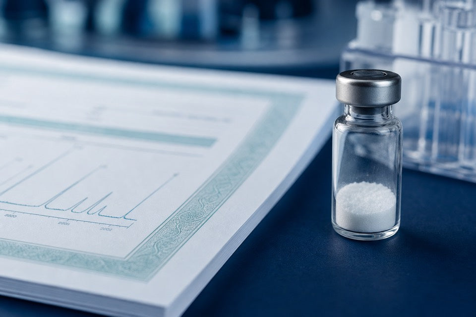 Certificate of Analysis paperwork beside a research vial