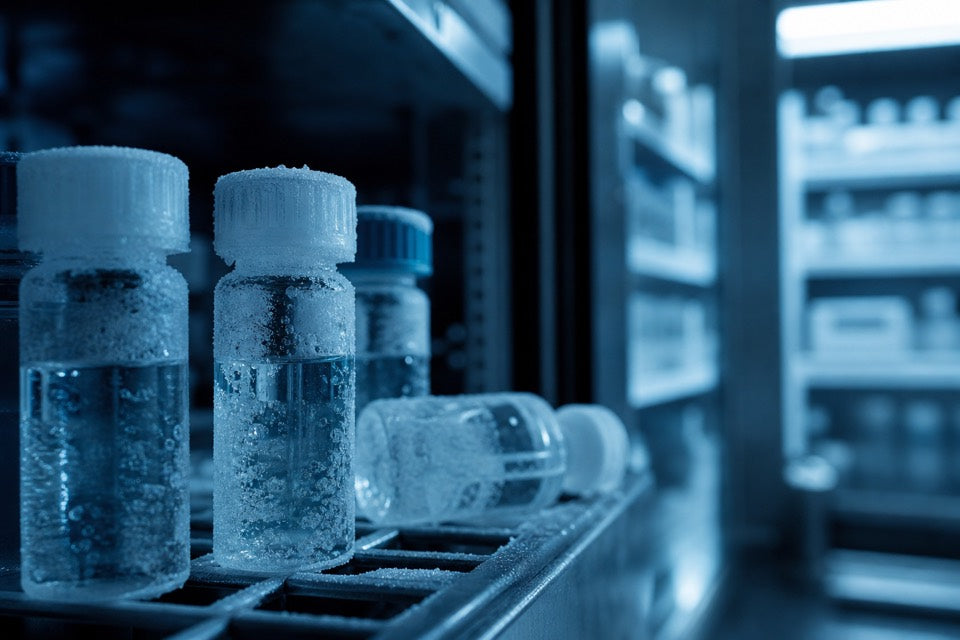 Research peptide vials in cold laboratory storage